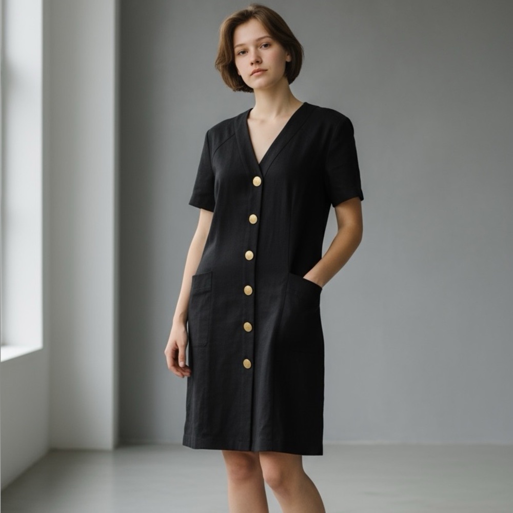 Vintage 80s Chetta B Rayon Linen Blend Black Shift Dress with Pockets - Size 2